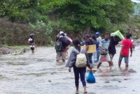 Akibat jalan putus, masyarakat terpaksa menyeberangi Kali Dagemage di Desa Kolisia Kecamatan Magepanda Kabupaten Sikka, Jumat (18/1)