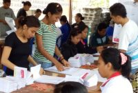 Relawan sedang melakukan sortir dan lipat suara Pemilu 2019 di Kantor KPU Sikka, Sabtu (16/3)