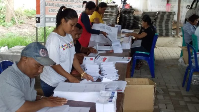 Relawan sedang sortir dan lipat surat suara DPRD Propinsi NTT di Kantor KPU Sikka, Senin (18/3)