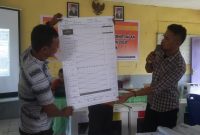 Ketua PPS Pemana sedang mencocokan data Model C1 dengan Model C1 Plano untuk klarifikasi saat pleno rekapitulasi di Kantor Kecamatan Alok, Kamis (24/4)