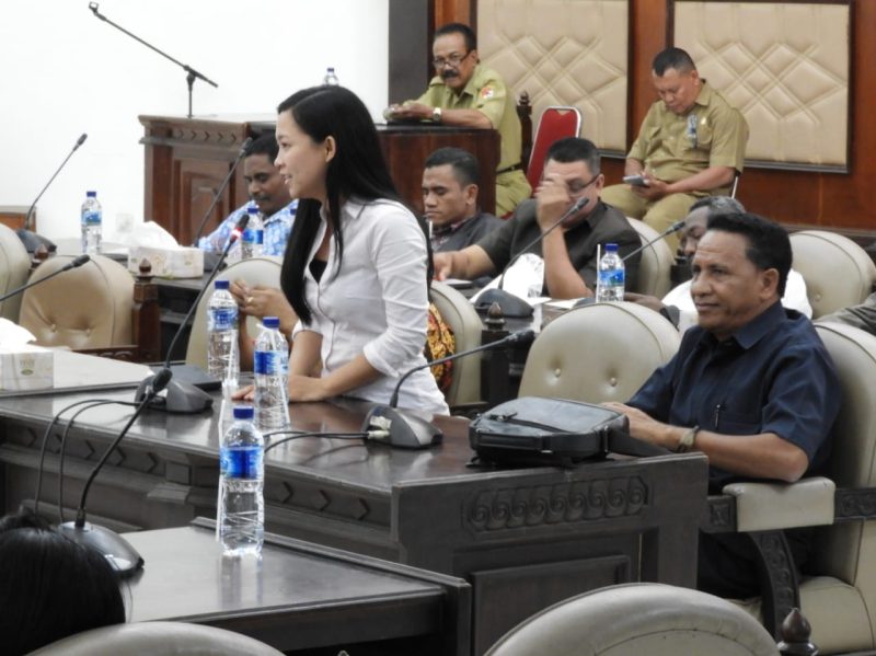 Anggota DPRD Sikka dari Partai Demokrat Maria Christine Amelia Lomi sedang memperkenalkan diri pada rapat paripurna, Senin (2/9)