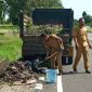 Kabag Organisasi Setda Sikka dan staf sedang mengangkut sampah di depan Kantor Bupati Sikka, Senin (9/3)