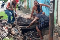Ketua RT (topi merah) di Kelurahan Wairotang Kecamatan Alok Timur sedang melaksanakan pemberantasan sarang nyamuk beberapa waktu lalu