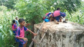 Para pelajar di Kecamatan Magepanda sedang memantau sarang nyamuk pada bak penampung air di salah satu rumah warga, Sabtu (7/3)