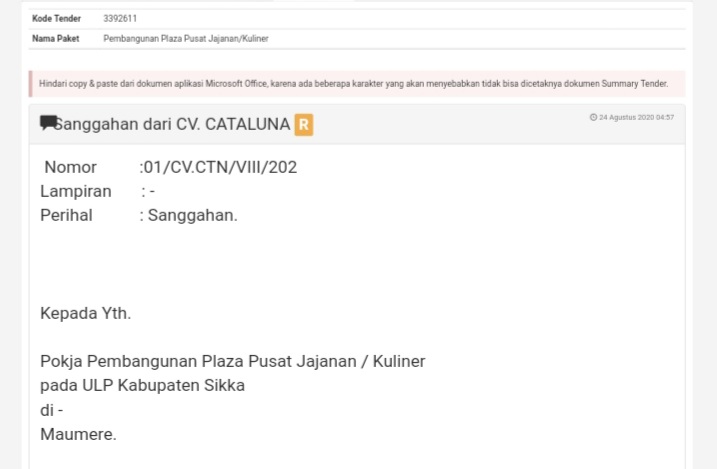 Surat sanggahan CV Cataluna