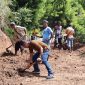 Kepala Desa Tuwa (baju coklat) memimpin warga Paipenga membersihkan material longsoran, Selasa (16/2) (foto: istimewa)