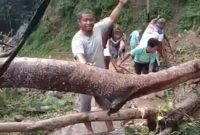 Kepala Desa Bu Selatan bersama warga mengevakuasi pohon yang tumbang di wilayah itu, Senin (2/8) (foto: istimewa)