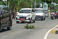 Penampakan lubang pada ruas Jalan Ahmad Yani, ditutupi ranting pohon, Senin (25/10)