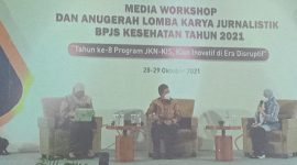 Dirut BPJS Kesehatan Ali Gufron Mukti tampil sebagai keynote speaker pada Media Workshop, Kamis (28/10)