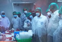 Para pejabat sedang menyaksikan proses pengolahan ikan tuna sirip kuning menjadi produk akhir tuna sashimi, Sabtu (30/10)