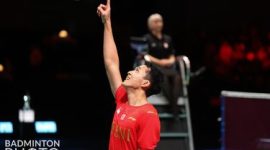Selebrasi Jonatan Christie usai memastikan Indonesia merebut Piala Thomas 2020 (foto: istimewa)