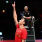 Selebrasi Jonatan Christie usai memastikan Indonesia merebut Piala Thomas 2020 (foto: istimewa)