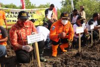 Kepala Kantor Pencarian dan Pertolongan Maumere I Putu Sudayana bersama potensi SAR serentak menanam bibt pohon mangrove di Kampung Garam, Jumat (4/2)