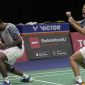 Pasangan ganda putra India merayakan kemenangan usai menaklukkan Indonesia di parta final Thomas Cup, Minggu (15/5)