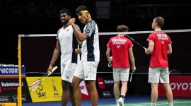 Ekspresi ganda putra India setelah mengalahkan pasangan Denmark pada babak semifinal Thomas Cup, Jumat (13/5) 
