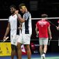 Ekspresi ganda putra India setelah mengalahkan pasangan Denmark pada babak semifinal Thomas Cup, Jumat (13/5) 