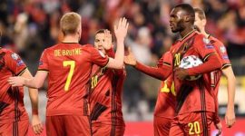 Pemain Belgia berselebrasi setelah unggul telak atas Siprus pada laga Grup I Kualifikasi Piala Eropa 2020 di Cardiff City Stadium, Selasa (19/11/2019)