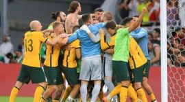 Australia menang 5-4 (0-0) atas Peru lewat adu pinalti pada laga play off Piala Dunia 2022 di Ahmad bin Ali Stadium, Al Rayyan, Qatar, Selasa (14/6)