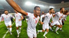 Para pemain Tunisia berselebrasi setelah memastikan lolos ke Piala Dunia 2022, pada 29 Maret 2022