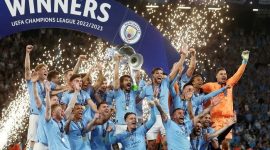 Euforia pemain Manchester City usai menang atas Infer Milan pada final Liga Champions, Minggu (11/6) dinihari