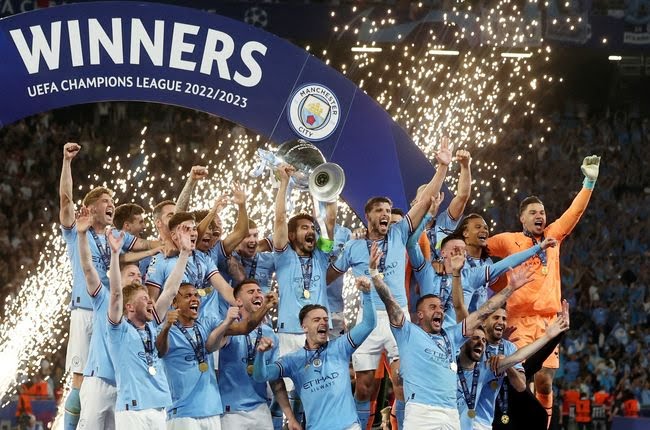 Euforia pemain Manchester City usai menang atas Infer Milan pada final Liga Champions, Minggu (11/6) dinihari