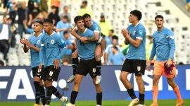 Suka cita para pemain Uruguay usai memastikan diri ke final Piala Dunia U-20 Tahun 2023, Jumat (9/6) WIB