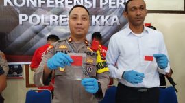 Wakapolres Sikka Kompol Ruliyanto Junaedi Putera Pahroen didampingi Kasat Narkoba Iptu Muslikhan Sara memperlihatkan barang bukti sabu, Selasa (7/11)