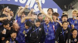 Selebrasi pemain Jepang usai menjadi Juara Piala Asia U-23 Tahun 2024, Jumat (3/5) WIB malam