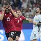Aksi Georges Mikautadze setelah mencetak gol pada laga Georgia versus Portugal