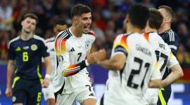 Selebrasi Kai Havertz usai cetak gol pada laga pembuka Euro 2024 antara Jerman versus Skotlandia, Sabtu (15/6) dinihari WIB