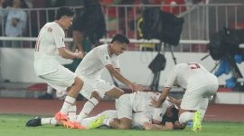 Timnas Indonesia merayakan gol Thom Haye ke gawang Filipina, Selasa (11/6) 