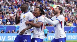 Euforia pemain Prancis merayakan gol ke gawang Belgia