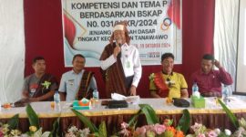 Kadis PKO Sikka Germanus Goleng membawakan sambutan pada kegiatan Sosialisasi Kompetensi dan Tema P5 di Aula SDK Wolo Feo Desa Renggarasi Kecamatan Tana Wawo, Sabtu (19/10)