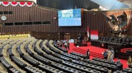 Suasana ruang sidang paripurna di gedung MPR/DPR, Senayan, Jakarta jelang pelantikan Presiden dan Wapres RI 2024-2029 Prabowo Subianto-Gibran Rakabuming