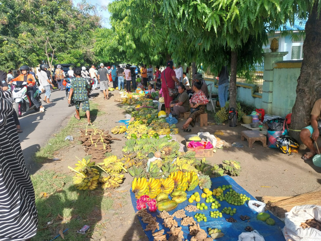 Ratusan pedagang Pasar Alok menggelar dagangan di depan jalan Kantor Dinas Pertanian, Senin (13/1)