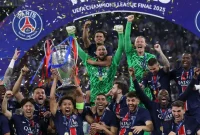Selebrasi kubu PSG usai bekuk Inter Milan di Final Liga Champions, Minggu (1/6) dinihari WIB