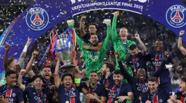 Selebrasi kubu PSG usai bekuk Inter Milan di Final Liga Champions, Minggu (1/6) dinihari WIB