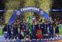 Selebrasi pemain PSG setelah keluar sebagai juara Piala Champions 2026, Sabtu (30/5)