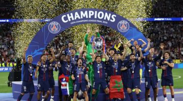 Selebrasi pemain PSG setelah keluar sebagai juara Piala Champions 2026, Sabtu (30/5)