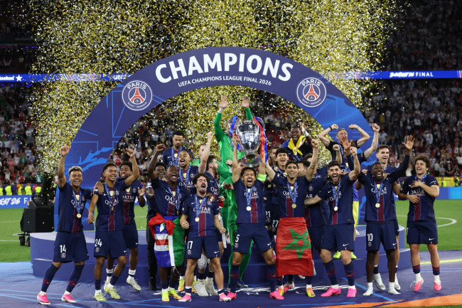 Selebrasi pemain PSG setelah keluar sebagai juara Piala Champions 2026, Sabtu (30/5)